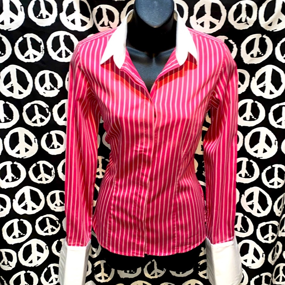 THOMAS PINK RED/WHITE PINSTRIPE DRESS SHIRT CUFFLINK STYLE CUFFS SZ 8